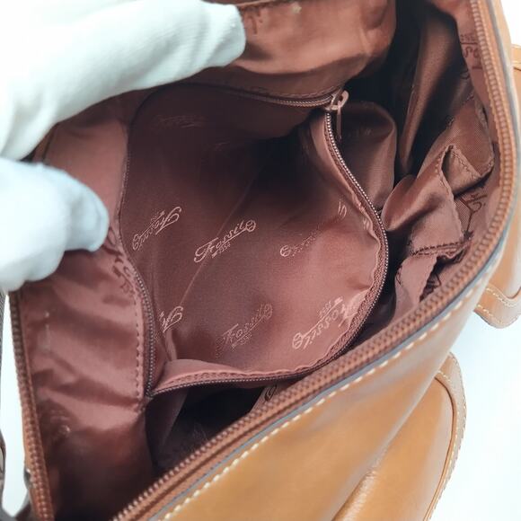 Fossil Brown Leather Front Pockets Zipper Closure Hobo Shoulder Bag - Picture 14 of 16